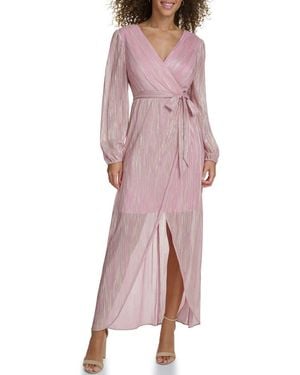Siena Jewelry Long Sleeve Foiled Woven Faux Wrap Dress - Pink