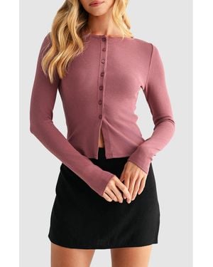Lush Long Sleeve Button Front Crop Top - Pink