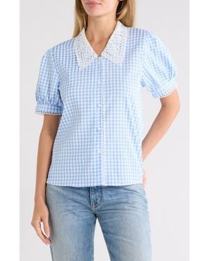 Forgotten Grace Gingham Lace Collar Cotton Shirt - Blue