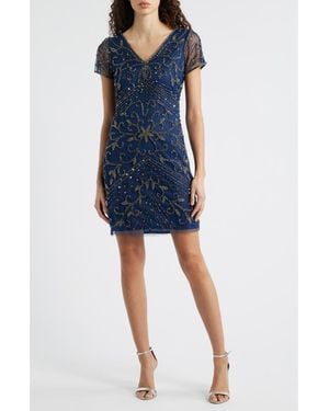 Pisarro Nights Beaded Double V-Neck Dress - Blue