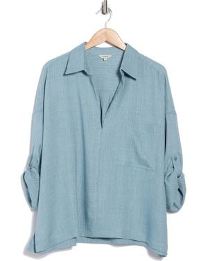 Max Studio Roll Tab Sleeve Popover Top - Blue