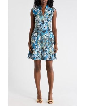 Vince Camuto Floral Sleeveless Scuba Fit & Flare Dress - Blue