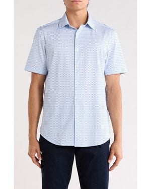 Bugatchi Micro Dot Print Stretch Cotton Short Sleeve Button-Up Shirt - Blue