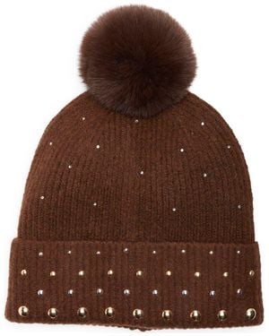 BCBGMAXAZRIA Studded Faux Fur Pompom Beanie - Brown