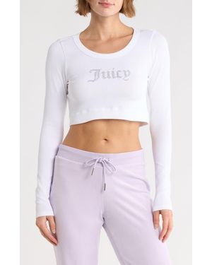 Juicy Couture Rhinestone Embellished Logo Long Sleeve Crop T-Shirt - White