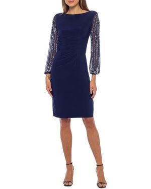 Marina Crystal Embellished Long Sleeve Sheath Dress - Blue