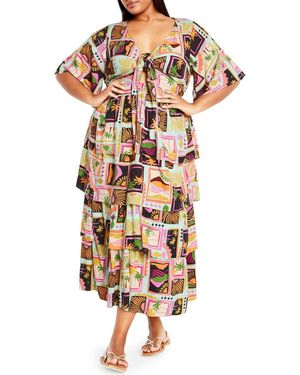 City Chic Ana Tie Front Tiered Midi Dress - Multicolor