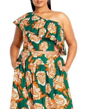City Chic Runaway Bird Ruffle One-Shoulder Crop Top - Multicolor