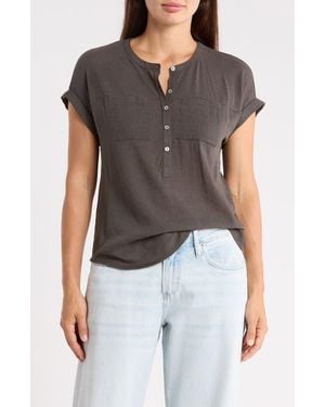 Lucky Brand Mixed Media Short Sleeve Cotton Henley Top - Black