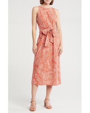 Nordstrom Rack Sleeveless Tie Waist Linen Blend Midi Dress - Red