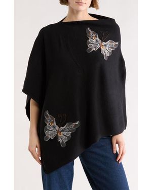 La Fiorentina Butterfly Embroidered Poncho - Black