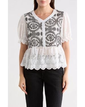 Forgotten Grace Eyelet Embroidered Short Sleeve Button-Up Shirt - Multicolor