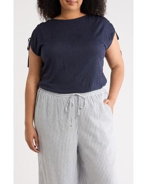 Max Studio Ruched Shoulder Crinkle Knit Top - Blue