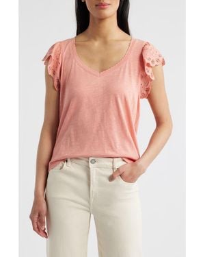 Wit & Wisdom Eyelet Flutter Sleeve Jersey T-Shirt - Red