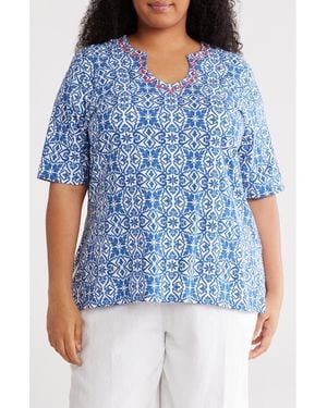 Ruby Rd. Medallion Print Split Neck T-Shirt - Blue