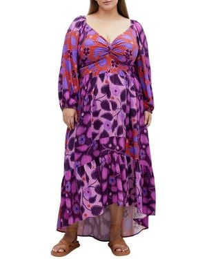 City Chic Gracie Print Long Sleeve Maxi Dress - Purple