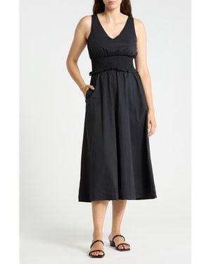 Badgley Mischka Cotton V-Neck Smocked Waist Dress - Black