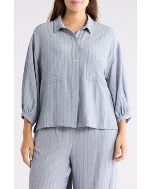Max Studio Stripe Balloon Sleeve Popover Shirt - Gray