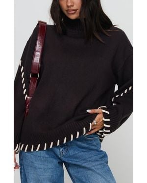 Princess Polly Leizure Whipstitch Trim Turtleneck Sweater - Black