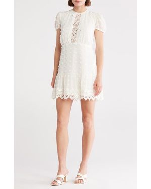 Love By Design Romee Puff Sleeve Lace Trim Clip Dot Minidress - White