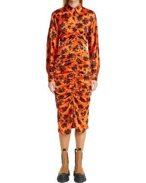 Ganni Floral Print Ruched Long Sleeve Stretch Silk Satin Dress - Orange