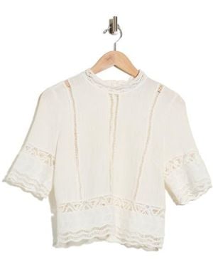 Ellen Tracy Short Sleeve Cotton Crosshatch Crop Top - Natural