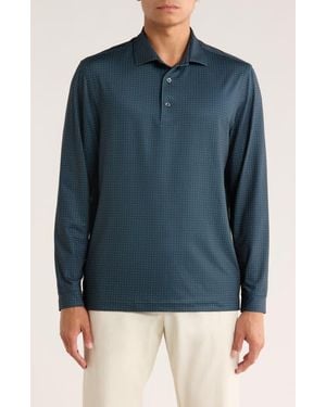 Greg Norman Knotweed Print Long Sleeve Performance Golf Polo - Blue