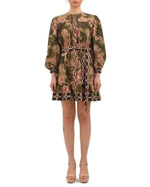 CELINA MOON Rosette Floral Long Sleeve Minidress - Natural