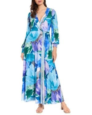 London Times Shirred Surplice Neck Maxi Dress - Blue