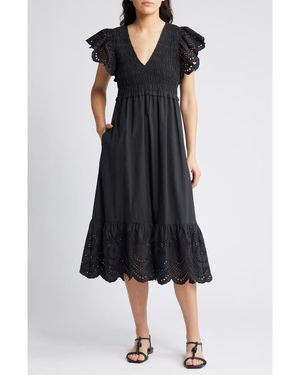 Rails Clementine Eyelet Smocked Cotton Blend Midi Dress - Black