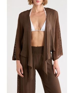 Elan Tie Front Bell Sleeve Cover-Up Top - Brown