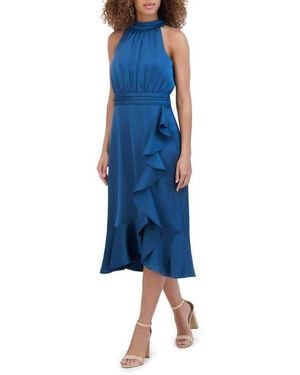 Kensie Satin Ruffle Halter Dress - Blue