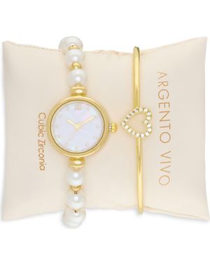 Argento Vivo Mother-Of-Pearl Watch & Heart Bangle Bracelet Set - Metallic