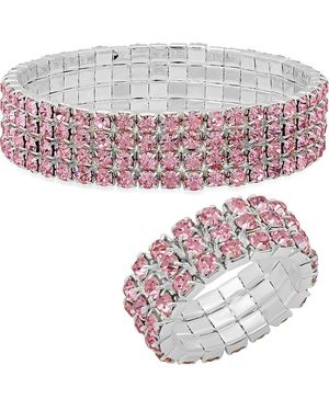 Steeltime Cubic Zirconia Stretch Bracelet & Ring Set - Pink