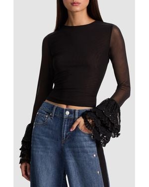 Alice + Olivia Delaina Long Sleeve Crop Top With Ruffle Cuff - Black