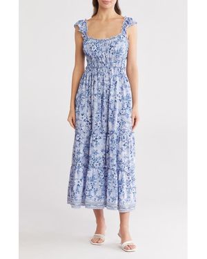 Max Studio Ruffle Cap Sleeve Tiered Maxi Dress - Blue
