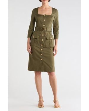 L'Agence Bordeaux Square Neck Belted Midi Dress - Green