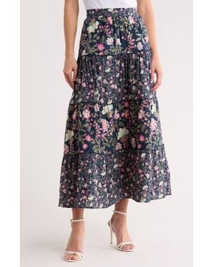 Ellen Tracy Floral Tiered Cotton Challis Skirt - Multicolor