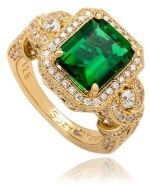 Suzy Levian Emerald Cut Cubic Zirconia Halo Engagement Ring - Green