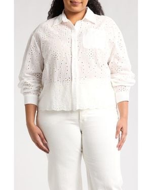 Forgotten Grace Embroidered Eyelet Long Sleeve Button-Up Shirt - White