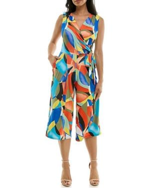 Nina Leonard Surplice Culotte Crop Jumpsuit - Blue