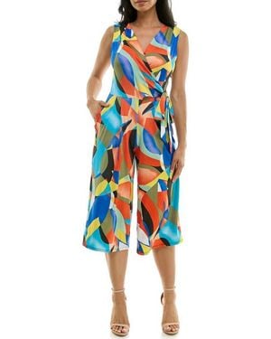 Nina Leonard Surplice Culotte Crop Jumpsuit - Blue