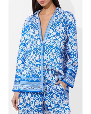 Alice + Olivia Kiva Oversize Mixed Print Button-Up Shirt - Blue