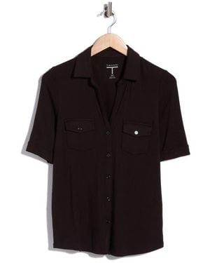 Tahari Cuffed Sleeve Button-Up Top - Black