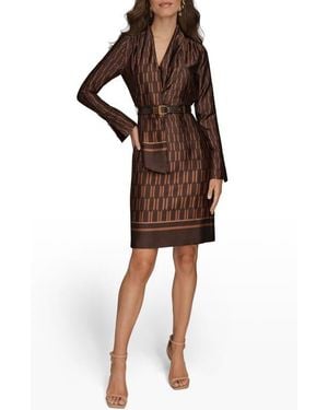 Donna Karan Geo Print Long Sleeve Satin Dress - Brown