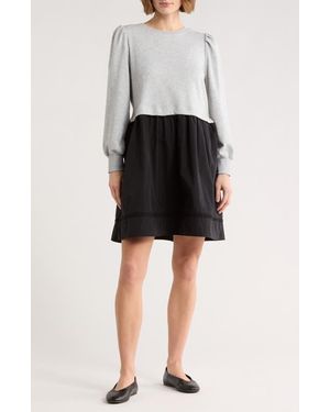 Melrose and Market Fleece Woven Mixed Media Long Sleeve Dress - Black