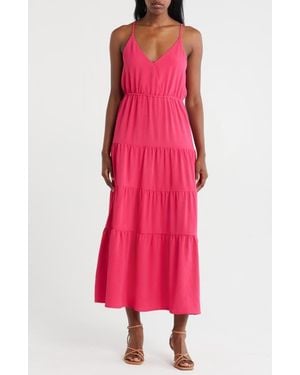 Loveappella Surplice V-Neck Tiered Maxi Dress - Pink