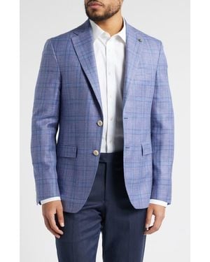 Jack Victor Midland Contemporary Fit Plaid Slub Wool & Silk Blend Sport Coat - Blue