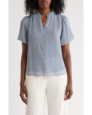 Adrianna Papell Bubble Sleeve Covered Button-Up Top - Blue