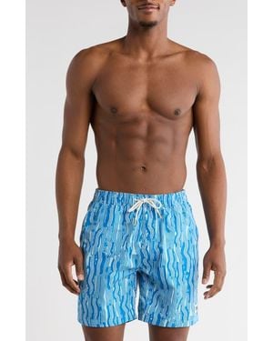 Scotch & Soda Print Mid Length Swim Trunks - Blue